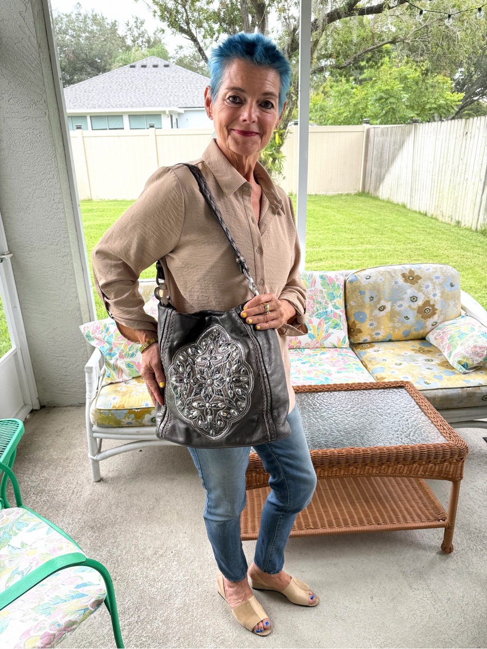 Brighton Anju Masterpiece Collection Pewter Leather Jeweled Shoulder Hobo Bag